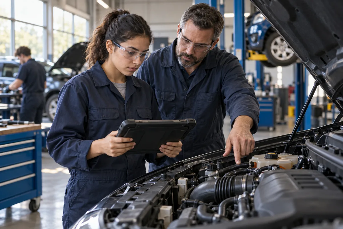 Auto mechanic trainee and instructor checking an engine with a diagnostic tablet